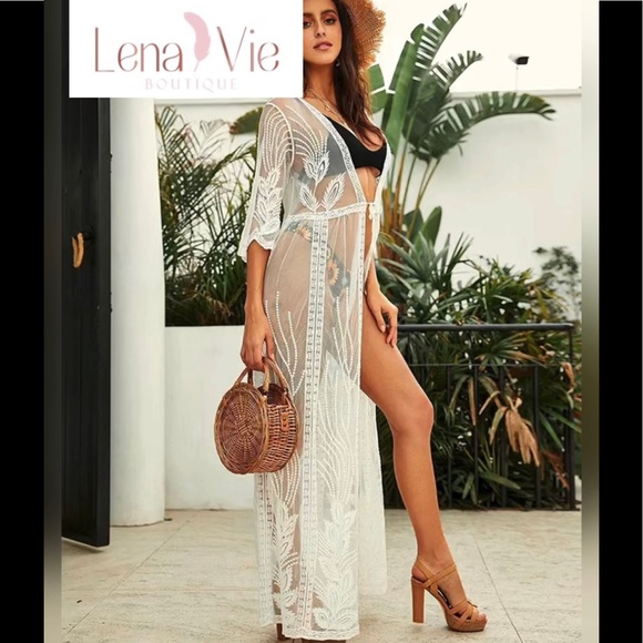 Embroidered Bone Gauze Lace Kimono Duster Robe In Ecru White, Open Tie Coverup - Picture 4 of 6